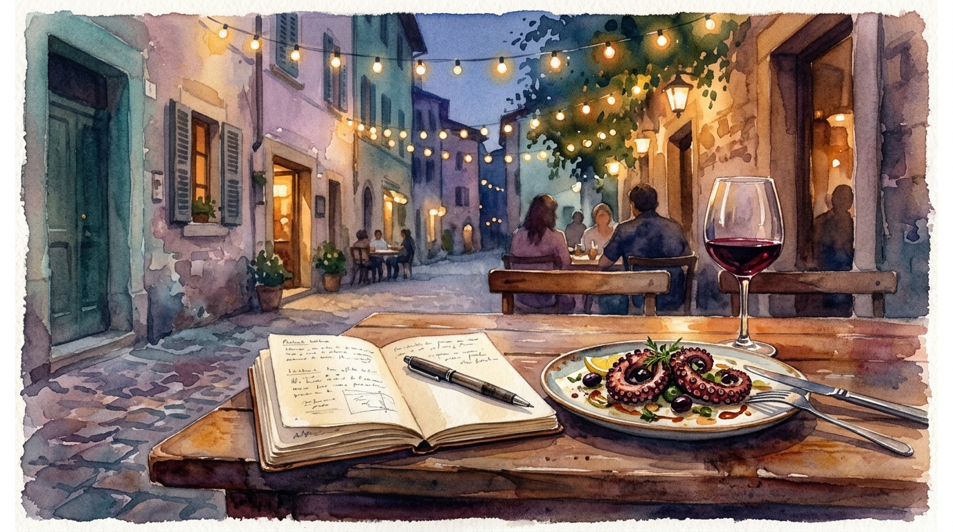 Aquarellillustration eines Restauranttisches im Freien in der Abenddämmerung mit sanft leuchtenden Lichterketten