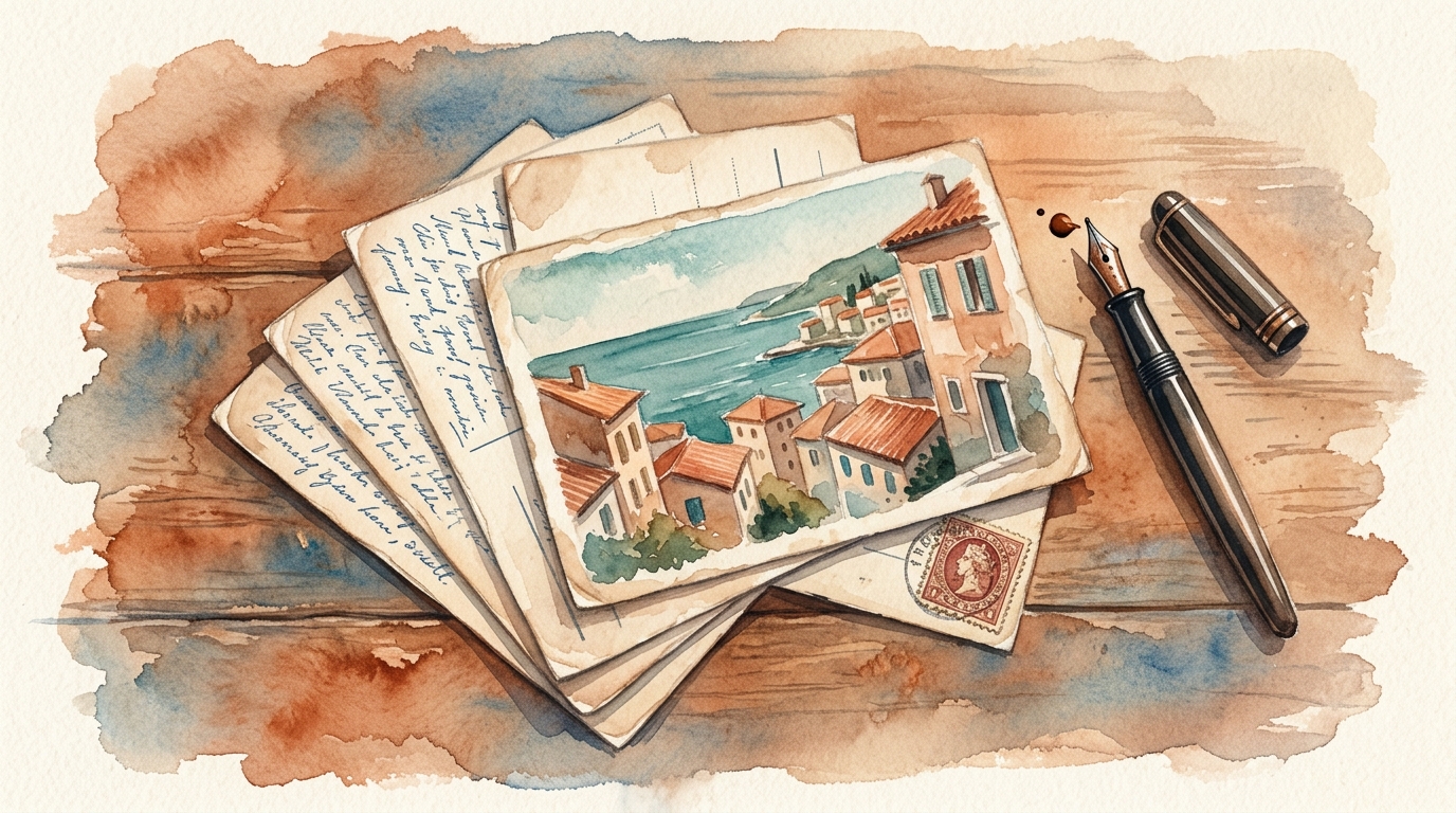 Aquarellillustration eines kleinen Stapels Vintage-Postkarten, fächerförmig auf einer gealterten Holzoberfläche angeordnet