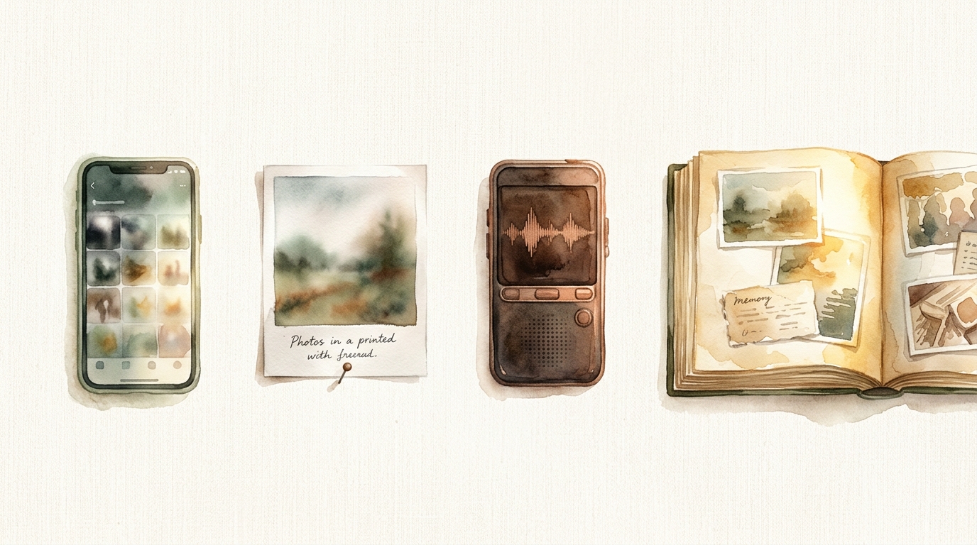 Aquarellillustration von vier Gegenständen in einer horizontalen Linie auf einer cremefarbenen Leinenfläche, die eine Erinnerungs-Zeitleiste darstellen