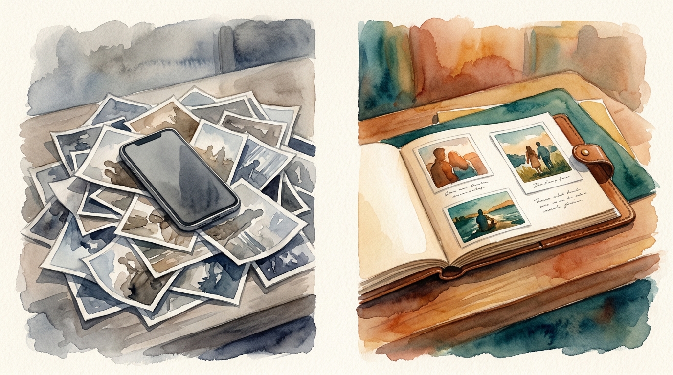 Aquarellillustration eines dramatischen Nebeneinander-Kontrasts auf einem Schreibtisch