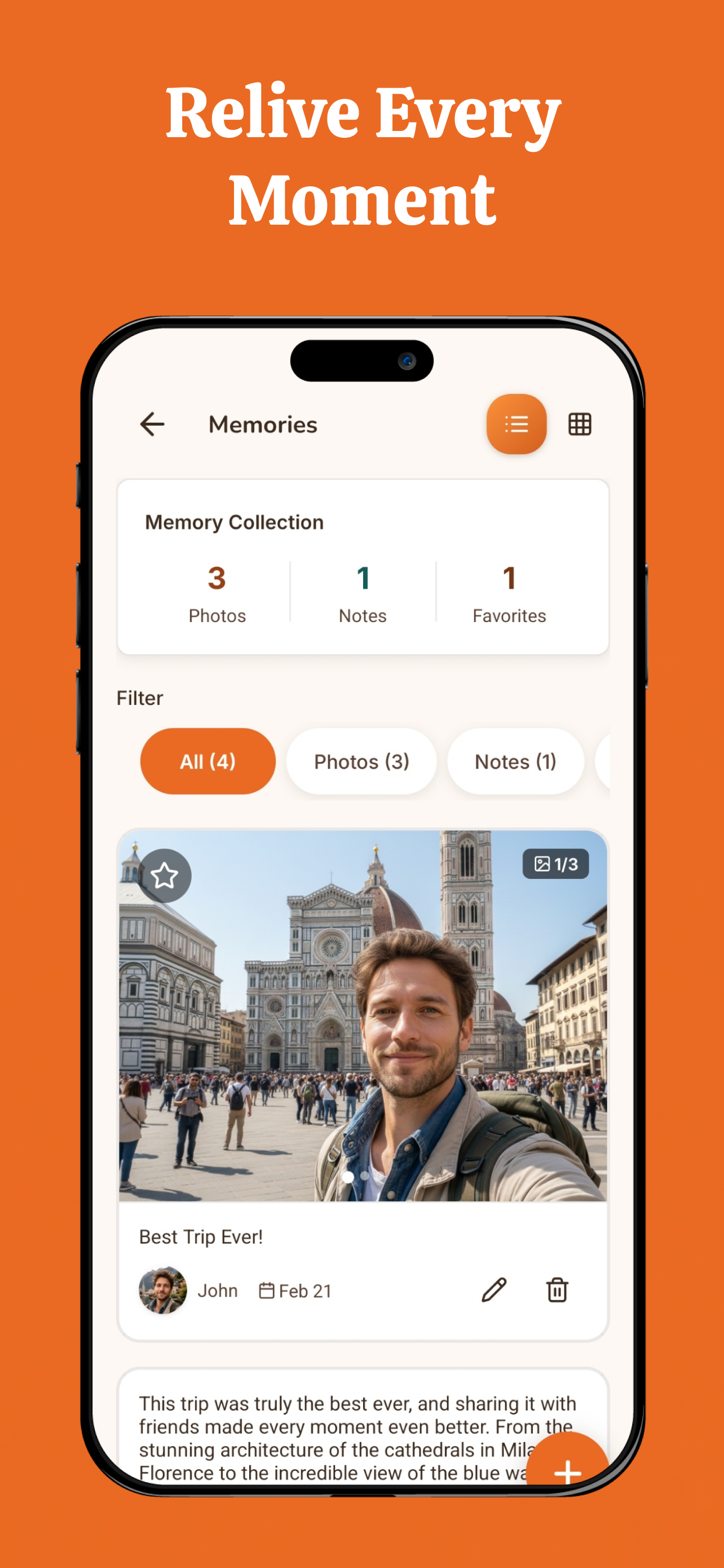 TripProf Memory Timeline: gemeinsame Reisefotos, Notizen und Favoriten einer Gruppenreise nach Florenz