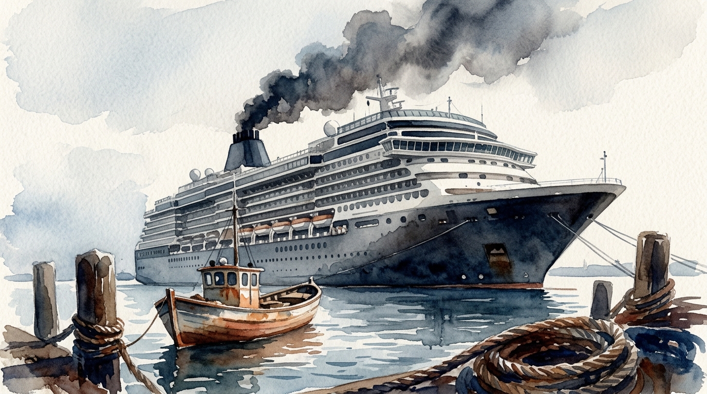 Watercolor illustration of a massive cruise ship at port with dark smoke from its funnel and a small fishing boat for scale, representing cruise ship hidden costs