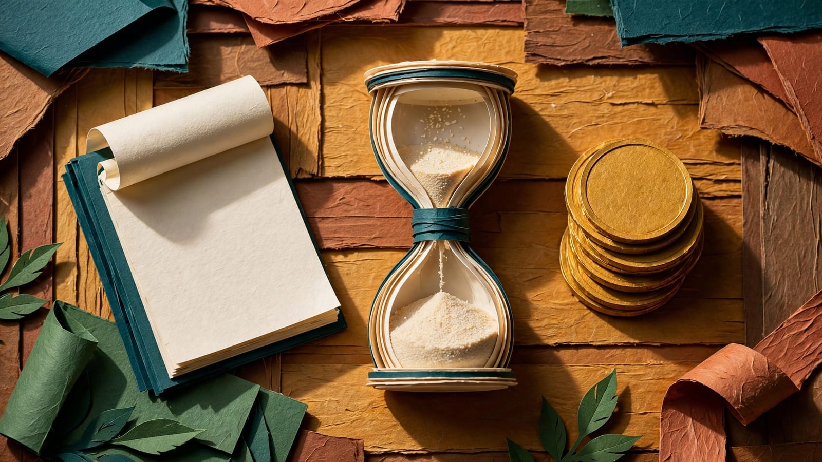 An hourglass with most of its sand already through, beside a short stack of coins