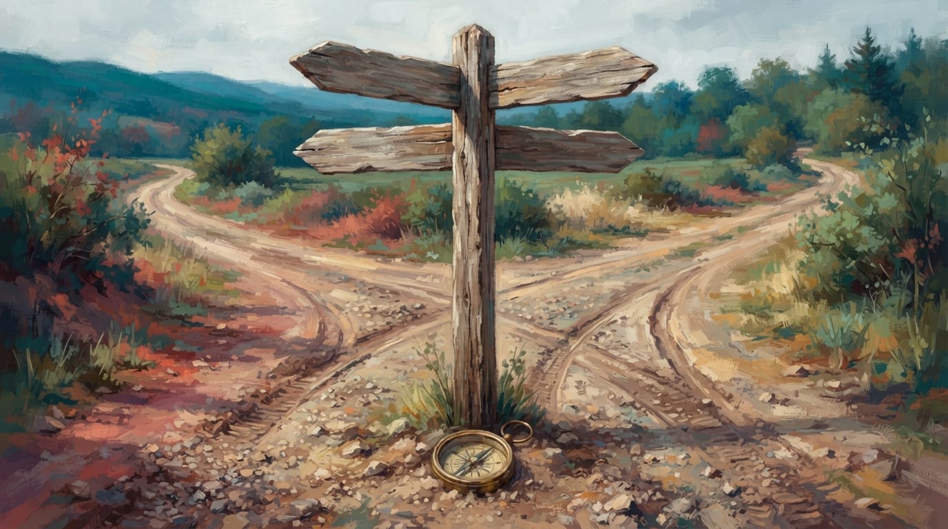 A bare wooden signpost points three directions at an empty crossroads, a compass resting at its base
