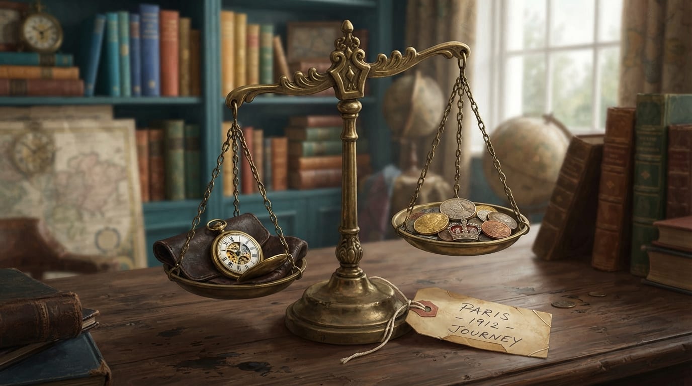 A brass balance scale weighs a pocket watch against a handful of coins, neither side quite level