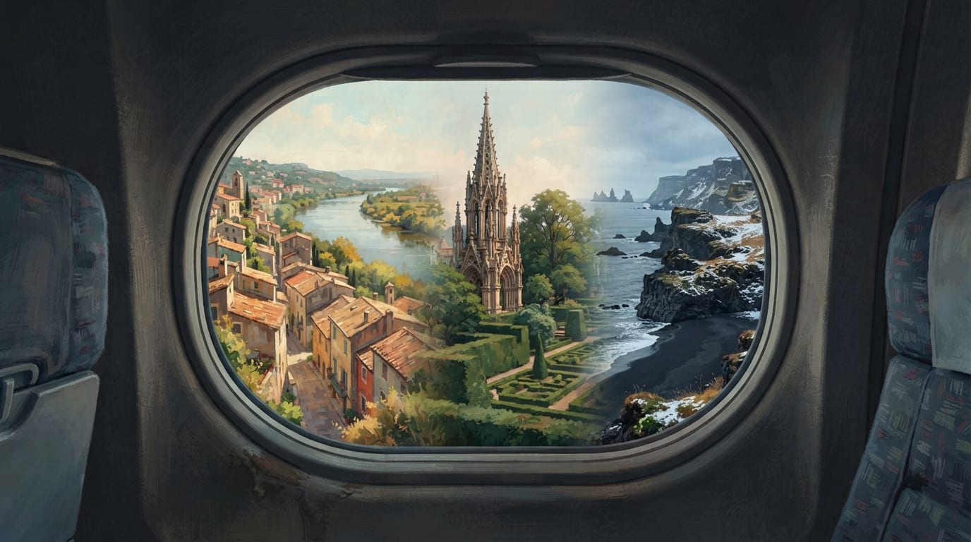 One airplane window opens onto three impossible landscapes at once: a river city, a spired garden, and a volcanic shore