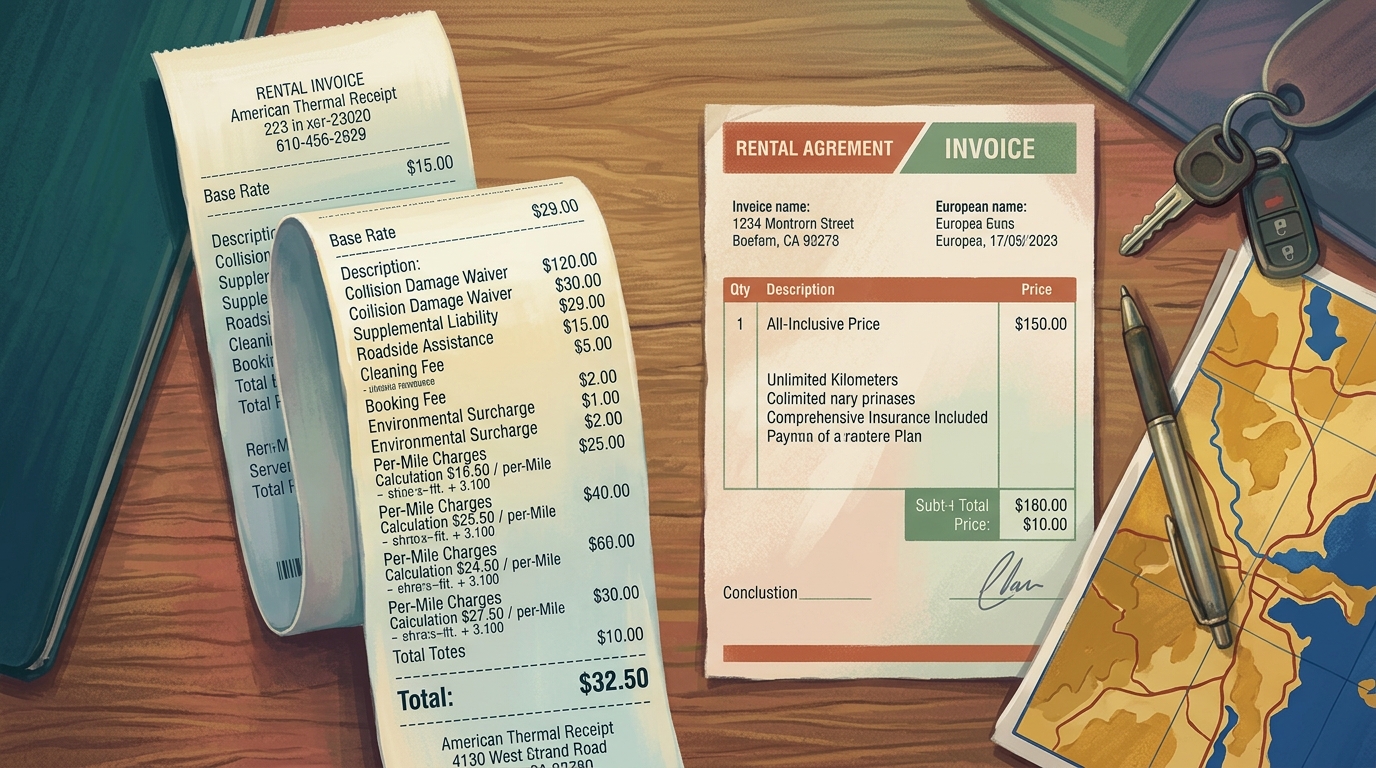 Editorial illustration of An editorial still life of two rental invoices laid side by side on a worn oak counter