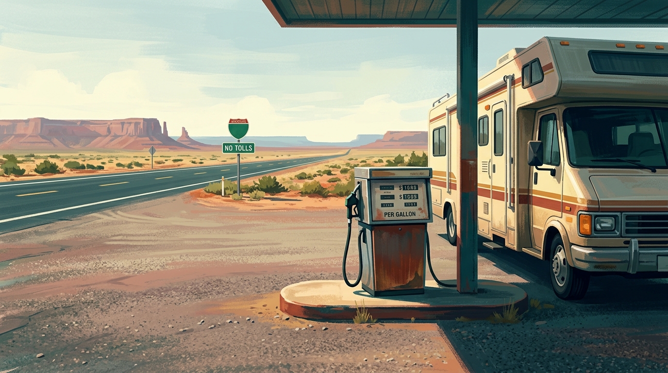 Editorial illustration of A lone American gas station forecourt beside an empty desert interstate that runs dead straight to a far mesa horizon