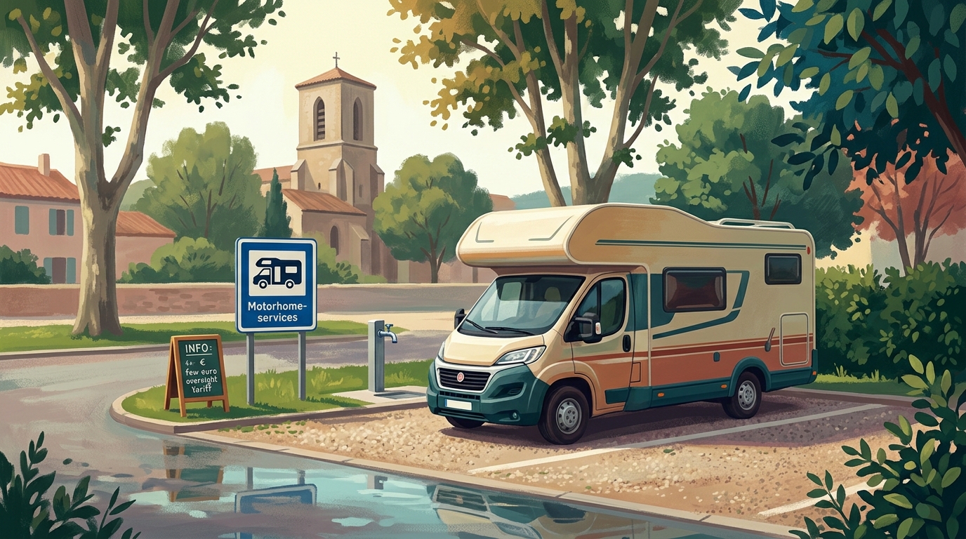 Editorial illustration of A quiet French "aire" stopover at the edge of a village at midday: a compact campervan parked on a gravel bay beside a l