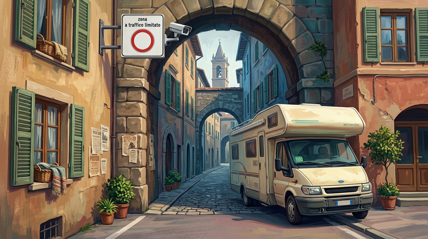 Editorial illustration of The mouth of a narrow Italian medieval old-town street under a stone arch, with a white round limited-traffic-zone sign 