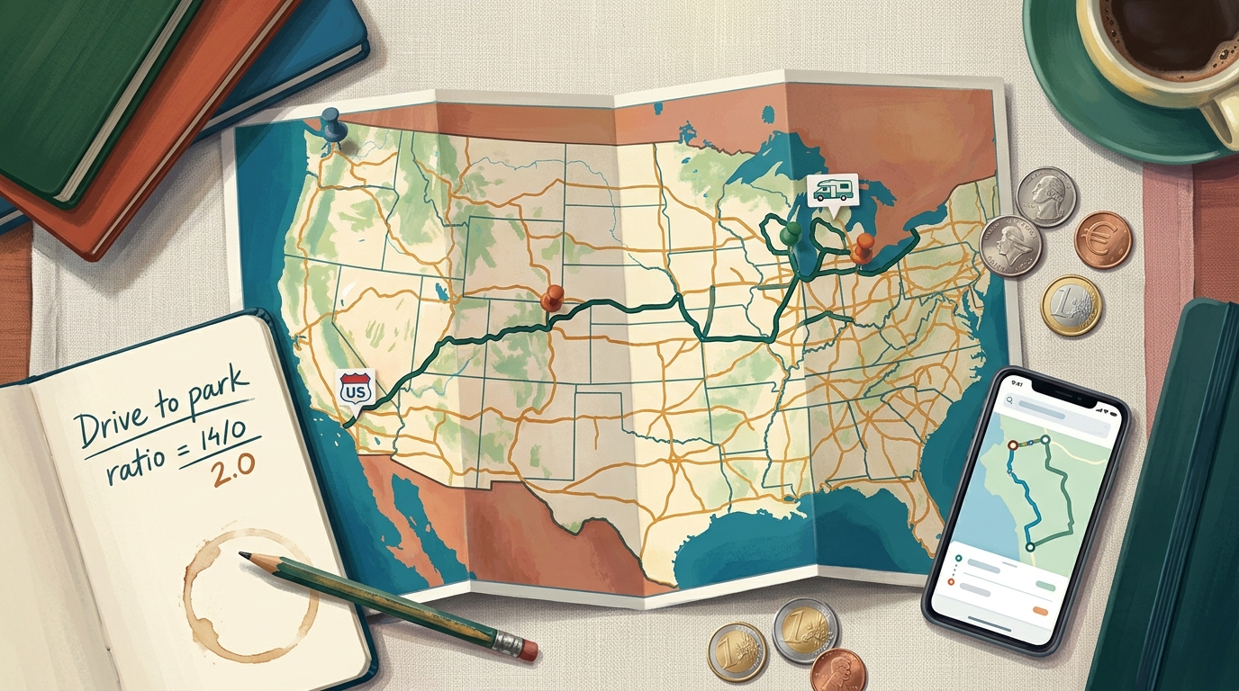 Editorial illustration of An overhead flat-lay decision scene on a linen-covered table: a folded paper road map with two pinned routes drawn on, o