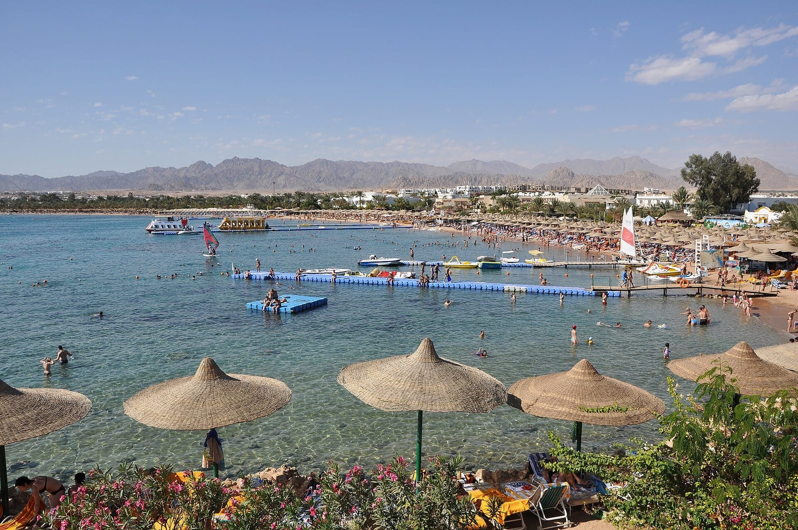 Naama Bay's turquoise cove in Sharm el-Sheikh, straw umbrellas lining the shore below the Sinai hills