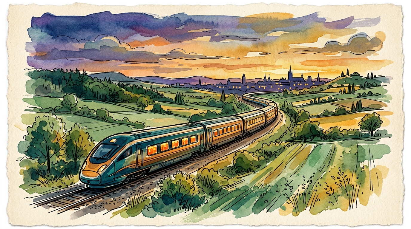Watercolor illustration representing new train routes europe 2026