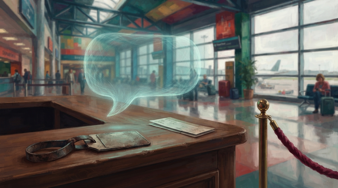 Editorial illustration of A translucent chat-bubble shape woven from soft teal light hovers above a solid airline ticket counter built from dark v