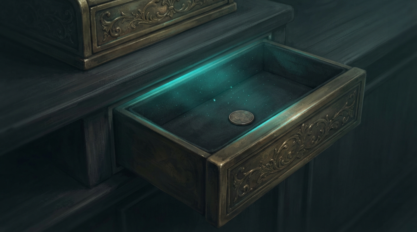 Editorial illustration of An ornate brass cash-register drawer slides shut in deep shadow, a last sliver of glowing teal digital light spilling ou