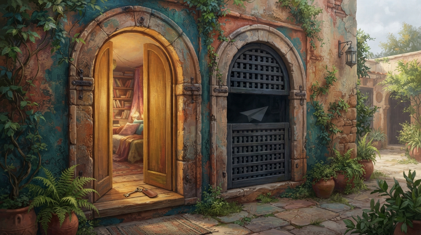 Editorial illustration of Two arched stone doorways stand side by side in the same weathered wall