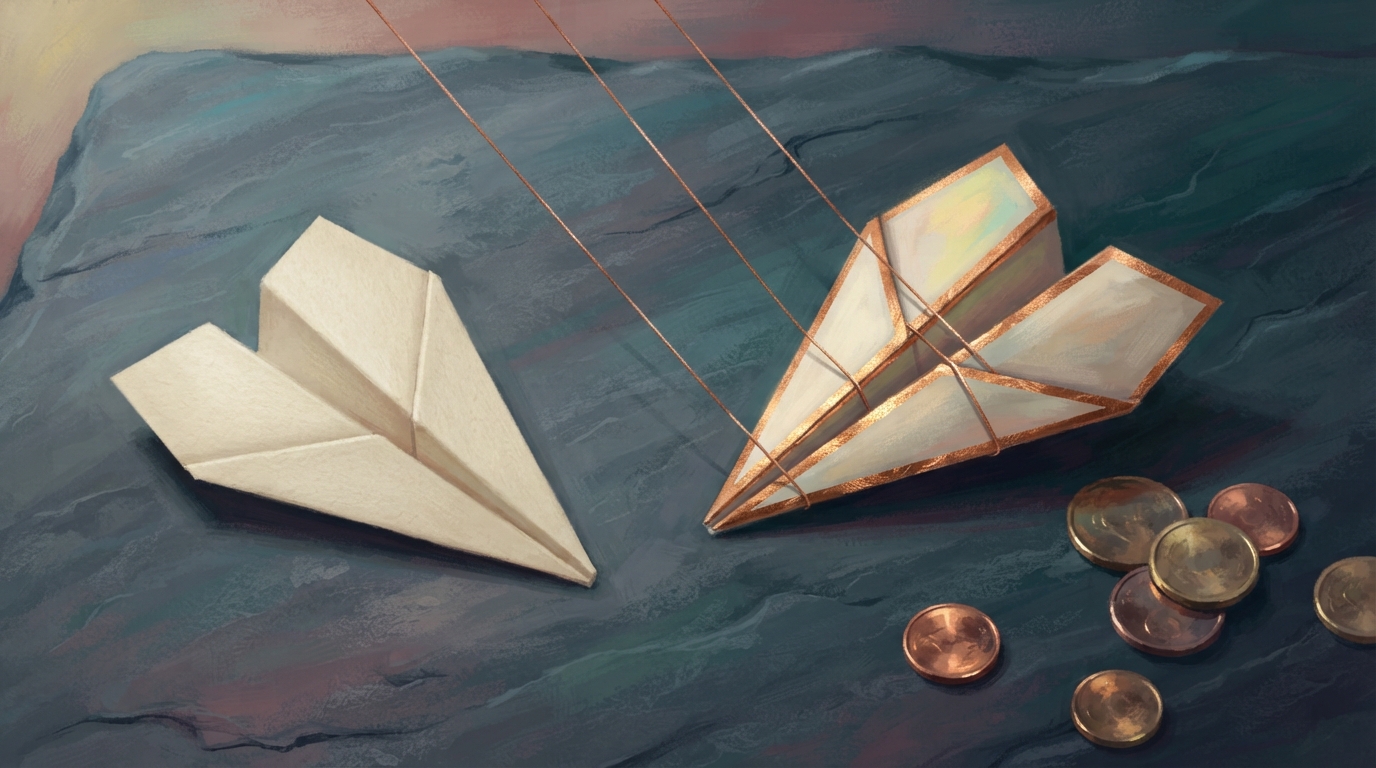 Editorial illustration of Overhead flat-lay of two small paper airplanes resting on a dark slate surface, one plain and unadorned, the other gilde
