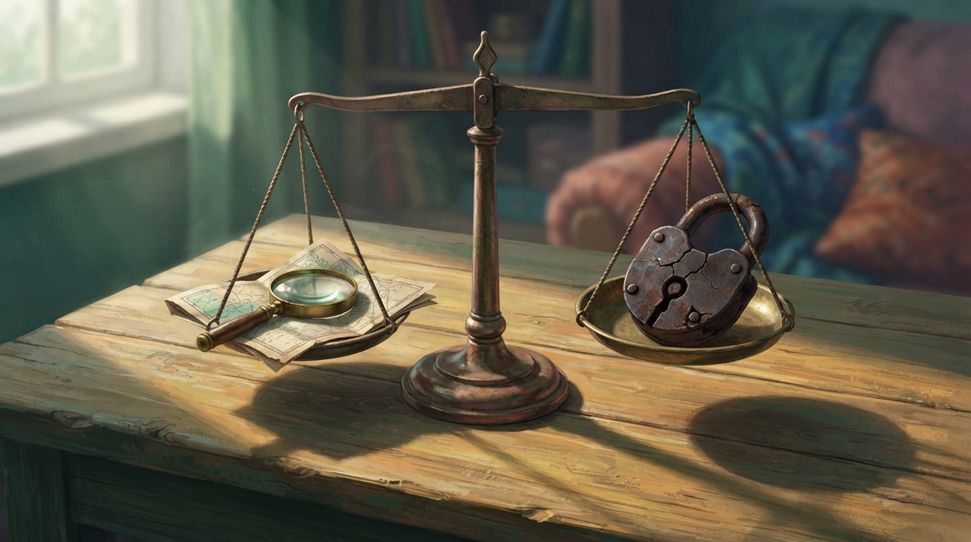 Editorial illustration of An old brass balance scale rests on a weathered wooden desk