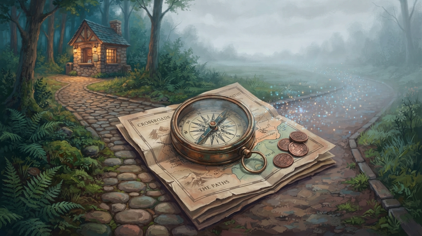Editorial illustration of A weathered brass compass rests atop a folded paper map at a crossroads