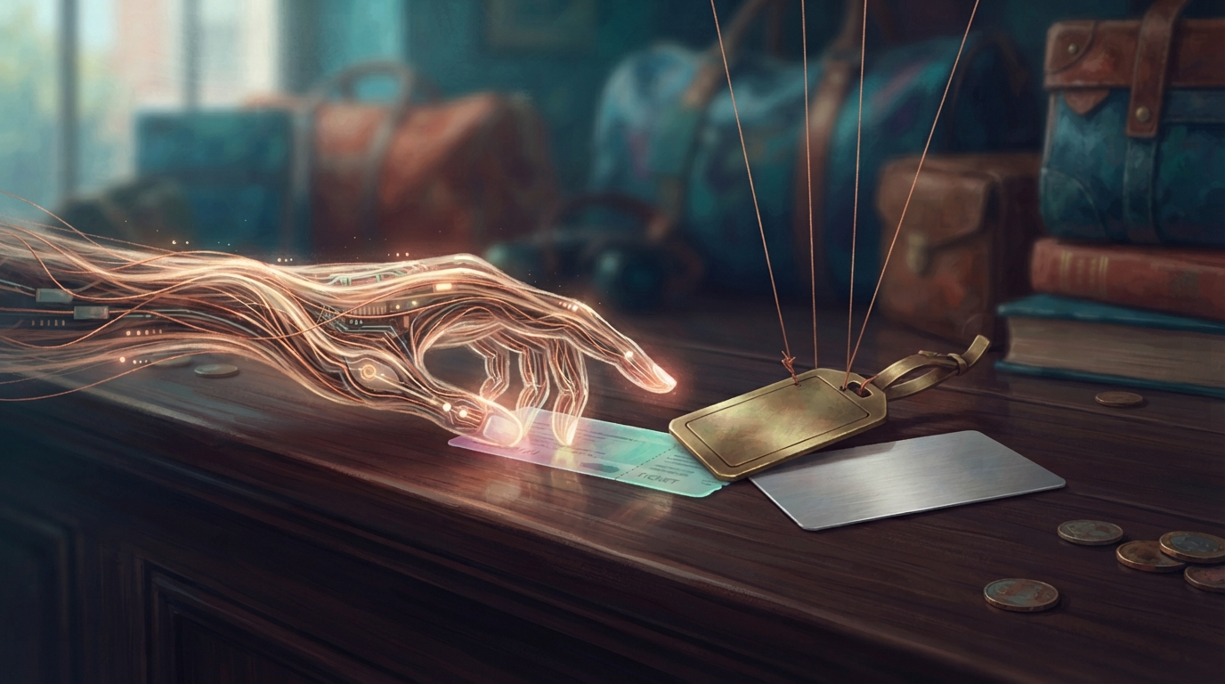 Editorial illustration of A slender abstract hand made of woven light and thin circuitry reaches across a dark travel counter toward an unmarked b, representing should you let AI book your trip