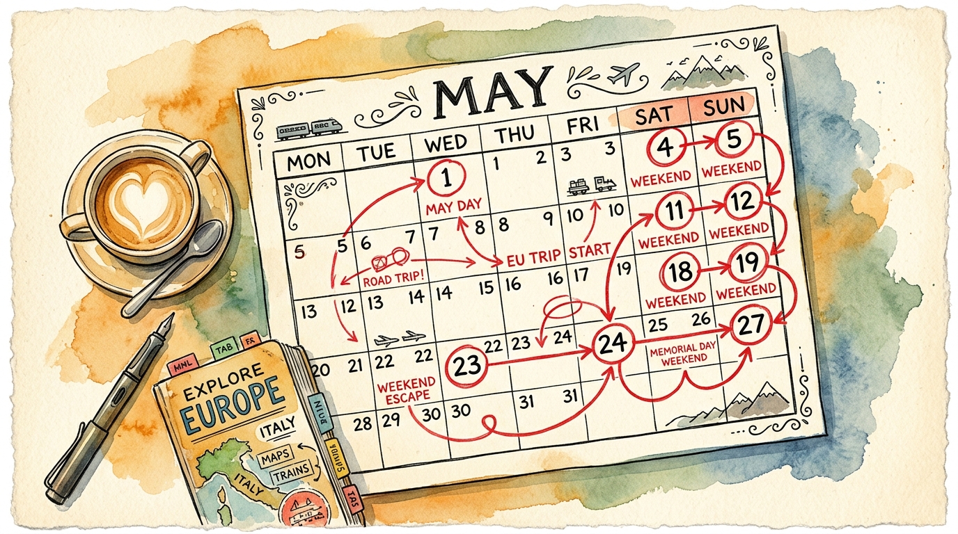 Watercolor illustration of a May calendar with circled dates and arrows showing bridge day connections between European holidays