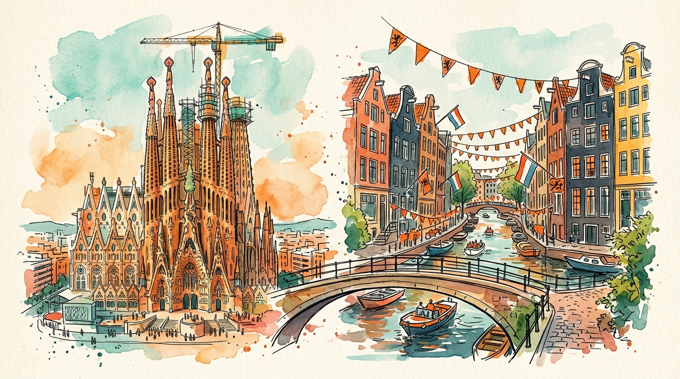 Watercolor split illustration showing Barcelona Sagrada Familia and Amsterdam canal houses with celebration bunting