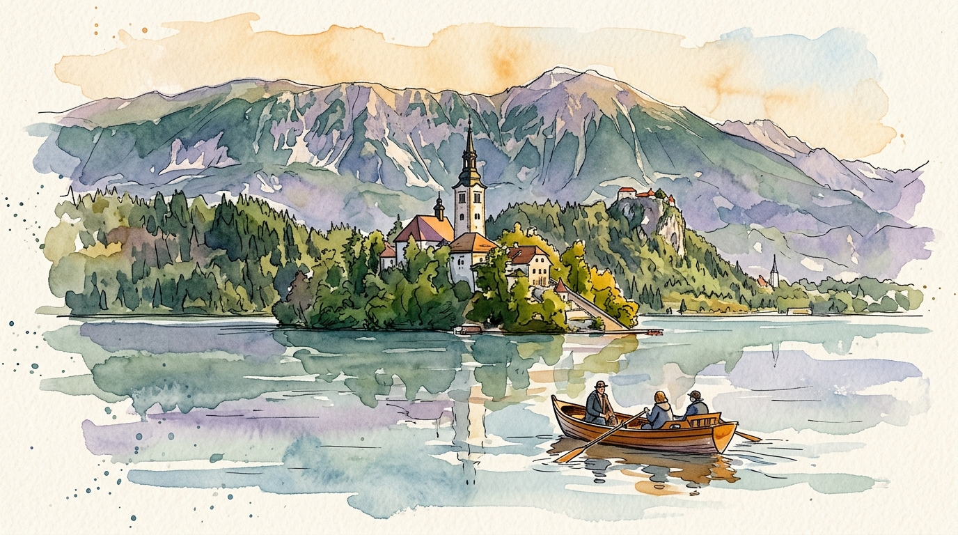 Watercolor illustration of Lake Bled Slovenia with island church pletna boat and Julian Alps in May