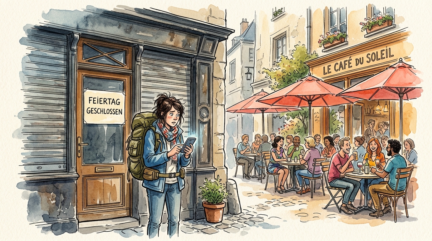 Watercolor illustration contrasting a closed European shop on May 1 holiday with a lively outdoor cafe nearby