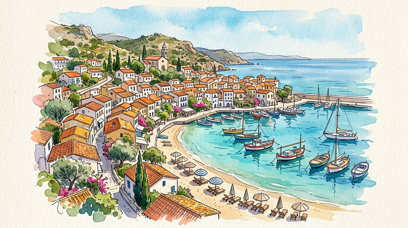 Watercolor birds-eye view of Mediterranean coastal town with terracotta roofs and turquoise harbor in shoulder season