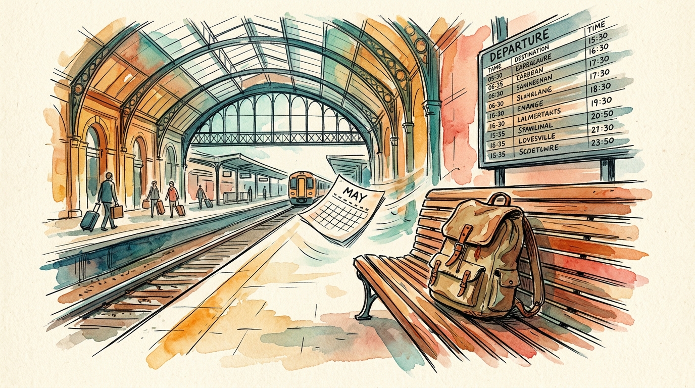 Watercolor illustration of a European train station platform with backpack and May calendar for long weekend travel planning