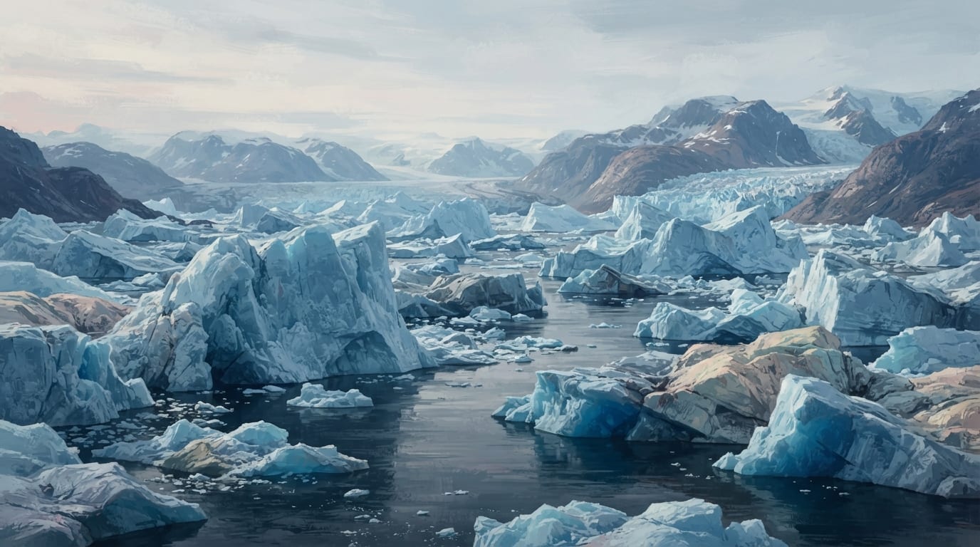 Icebergs calved from the ice sheet crowd the wide fjord beside Ilulissat, Greenland