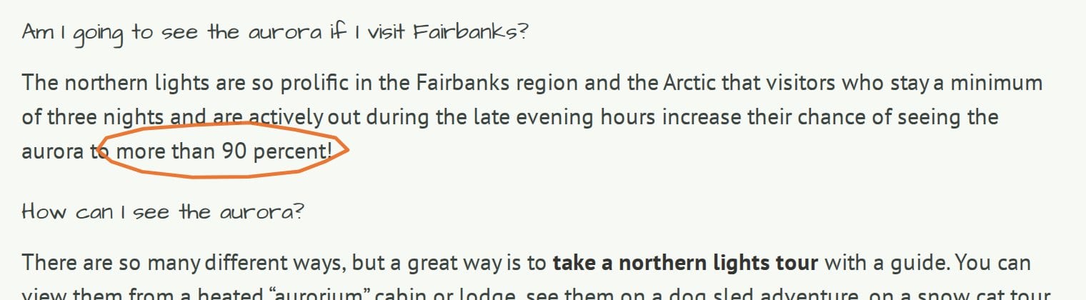 Explore Fairbanks' own page putting three-night aurora odds at more than 90 percent