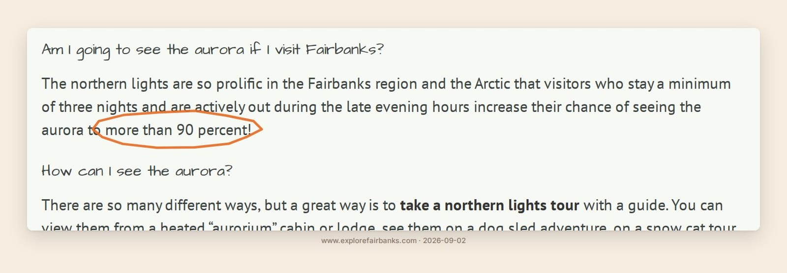 Explore Fairbanks' own page putting three-night aurora odds at more than 90 percent