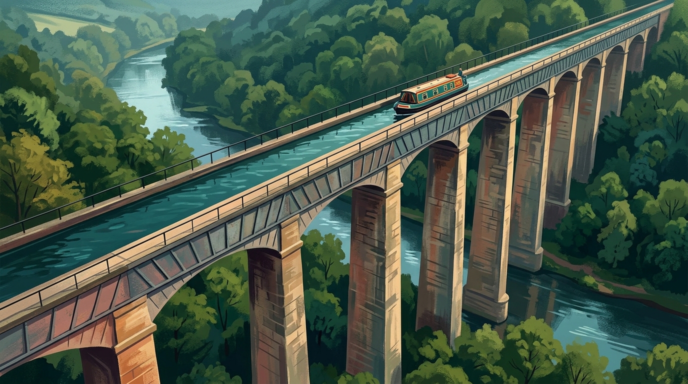 Aquarell-Illustration des Pontcysyllte Aqueduct von unten und von der Seite, eine lange Reihe schlanker, aufragender Steinpfeiler, die einen schmalen