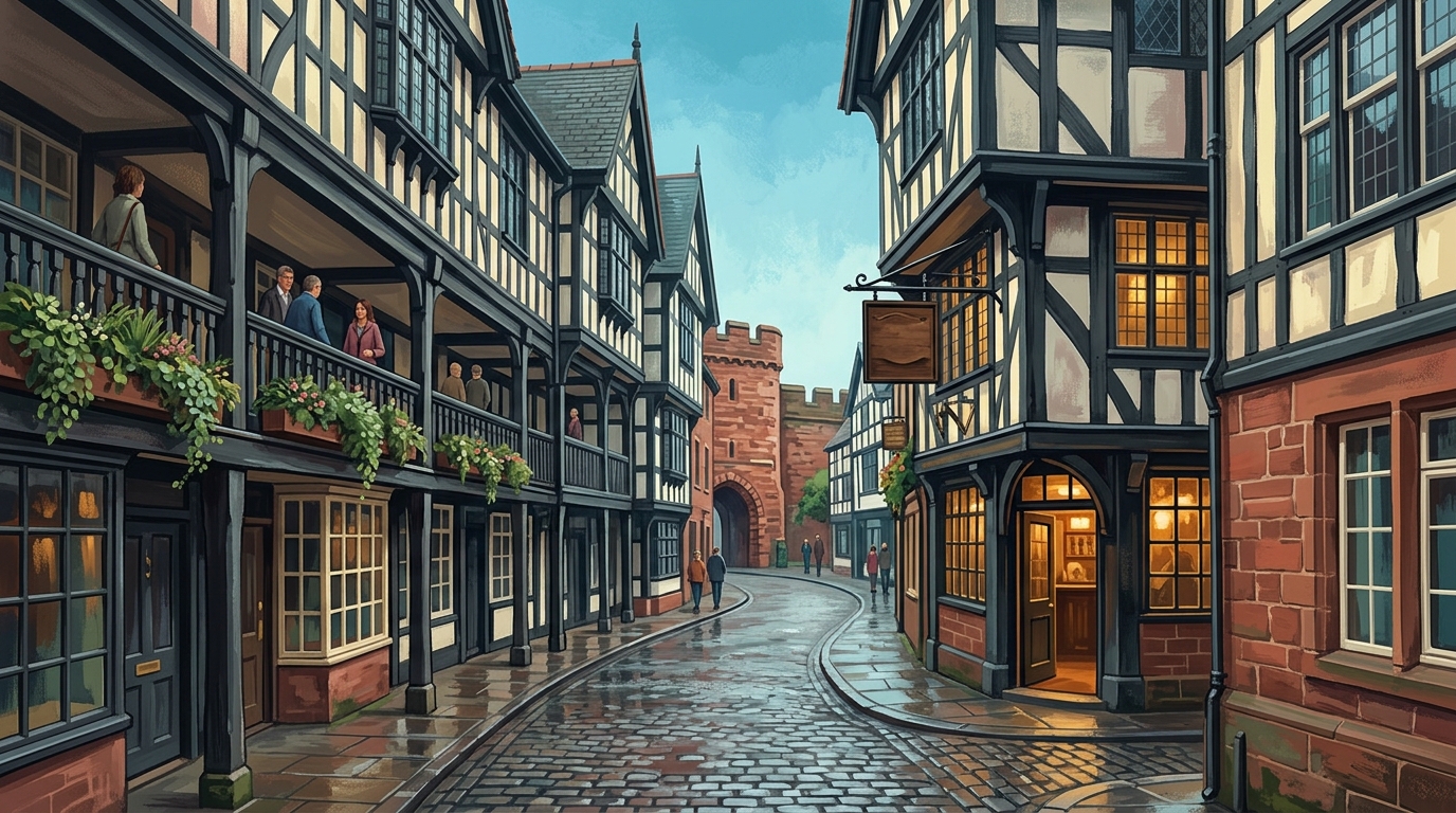 Aquarell-Illustration einer charaktervollen Straßenszene in Chester zur Mittagszeit: die berühmten schwarz-weißen Tudor-Fachwerkbauten der zweistöckigen