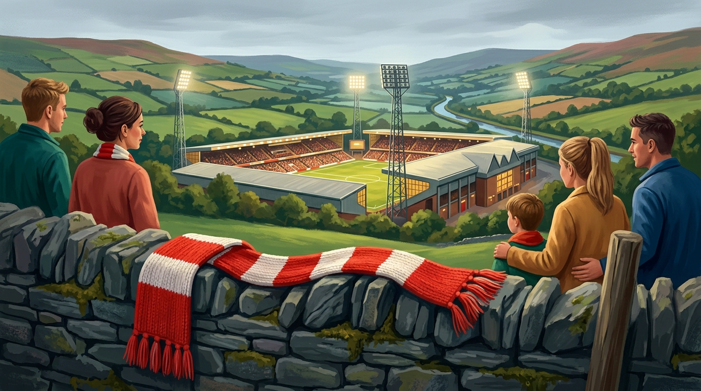 Watercolor illustration of Dramatic scale-contrast visual metaphor: a tiny green rolling Welsh valley with a full-sized floodlit football stadium n, representing how to plan a Wrexham trip