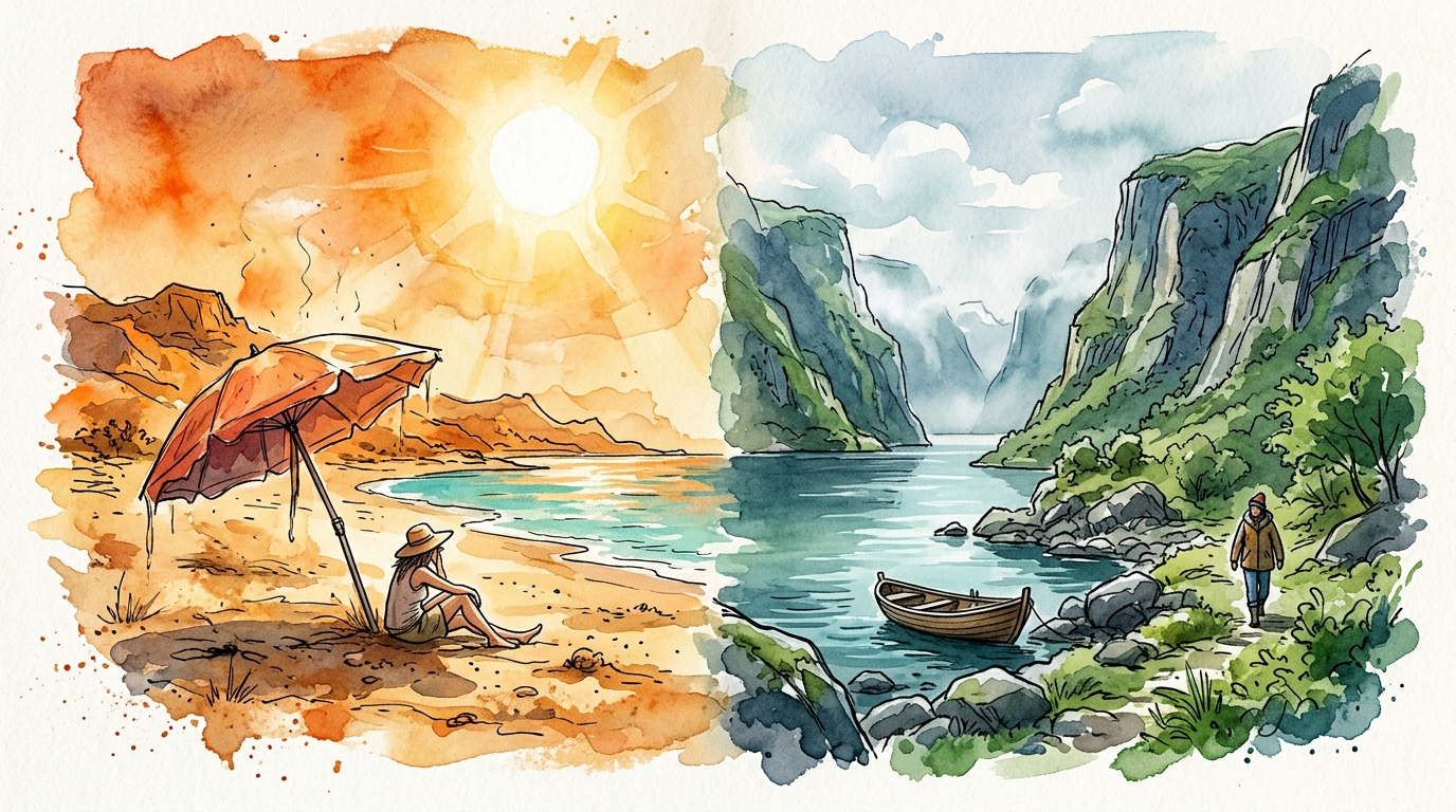 Aquarellkontrast zwischen glühend heißem Mittelmeerstrand und kühler nordischer Fjordküste