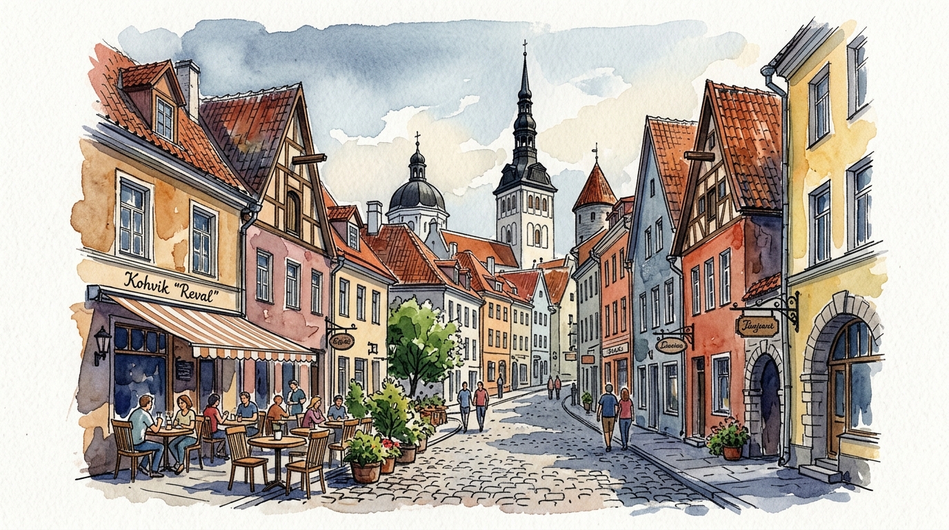 Aquarellillustration der mittelalterlichen Altstadt von Tallinn mit bunten Kaufmannshäusern und Caféterrasse