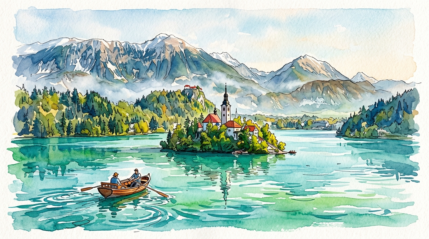 Aquarellillustration des Bleder Sees in Slowenien mit Inselkirche und Alpenbergen