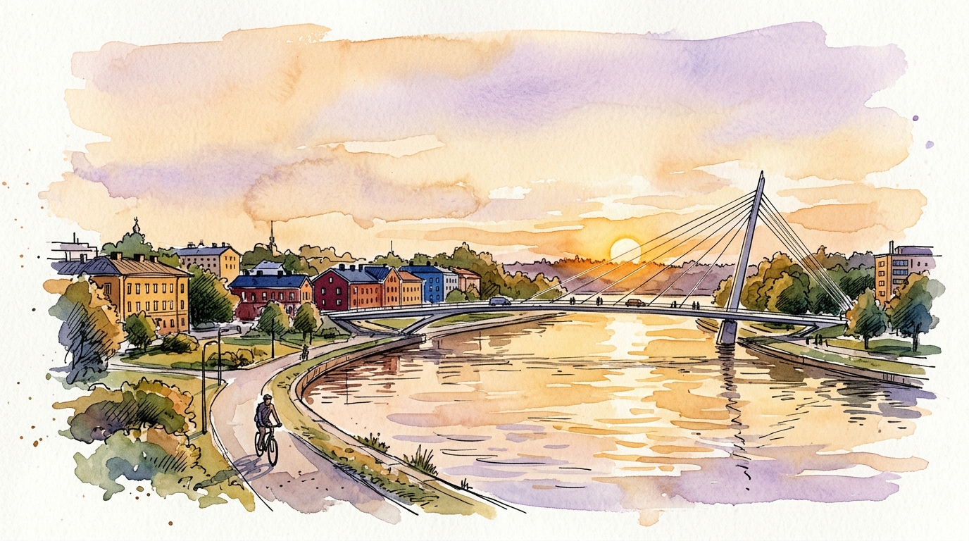 Aquarellillustration einer finnischen Stadt unter der Mitternachtssonne mit goldenem Licht auf dem Fluss