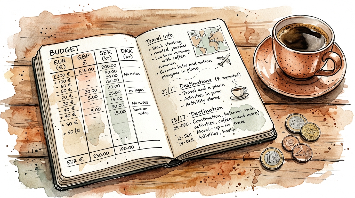 Aquarellillustration eines offenen Reisebudget-Journals mit Währungssymbolen und Kaffee