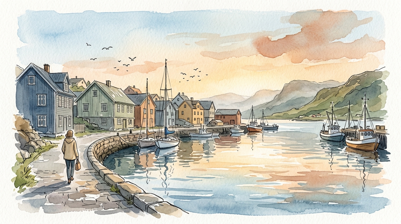 Watercolor illustration of a Nordic coastal town with wooden houses and a figure walking along a pier, representing coolcation destinations in Europe
