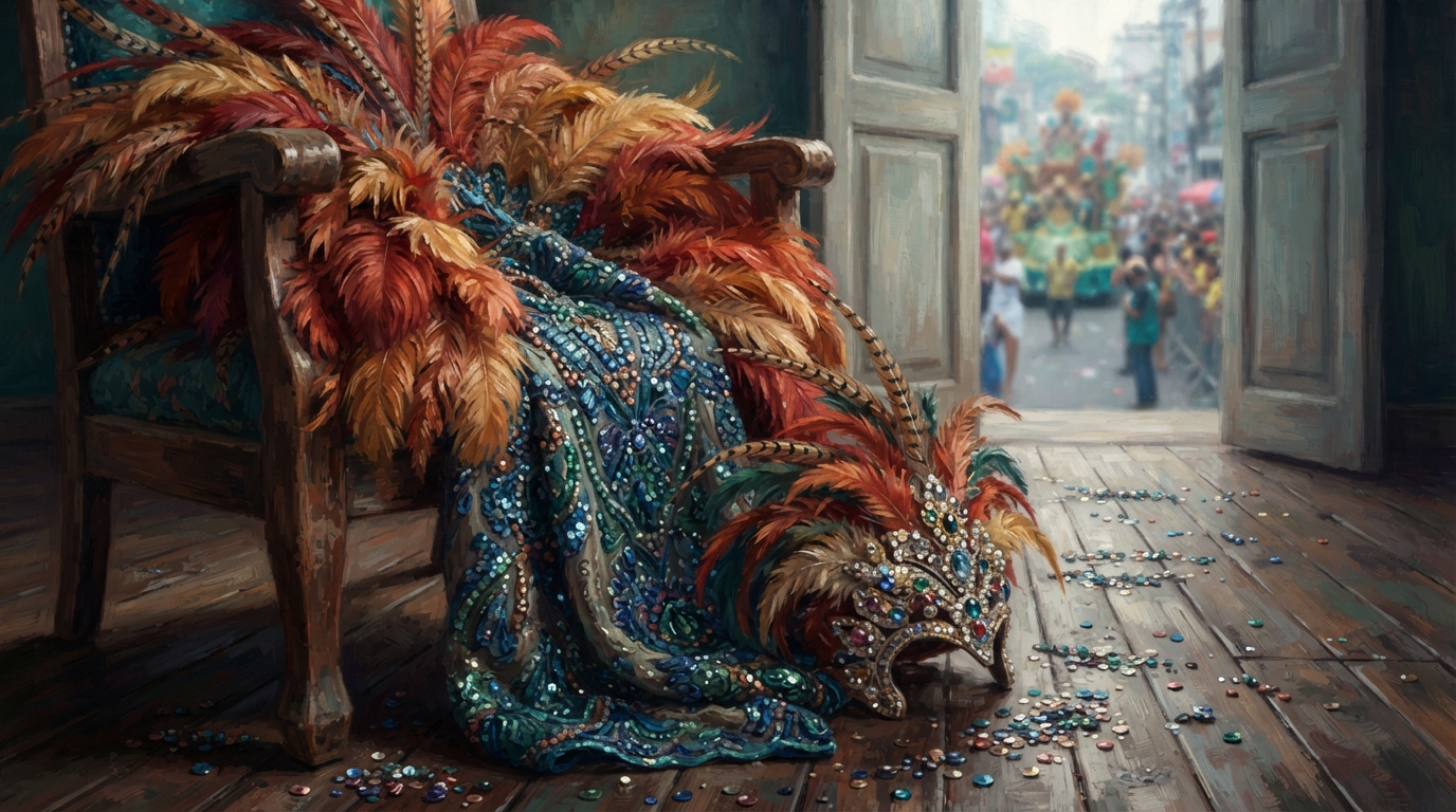Editorial illustration of Close-up still life of an elaborate Rio Carnival costume piece draped over a wooden chair backstage: layered ostrich and