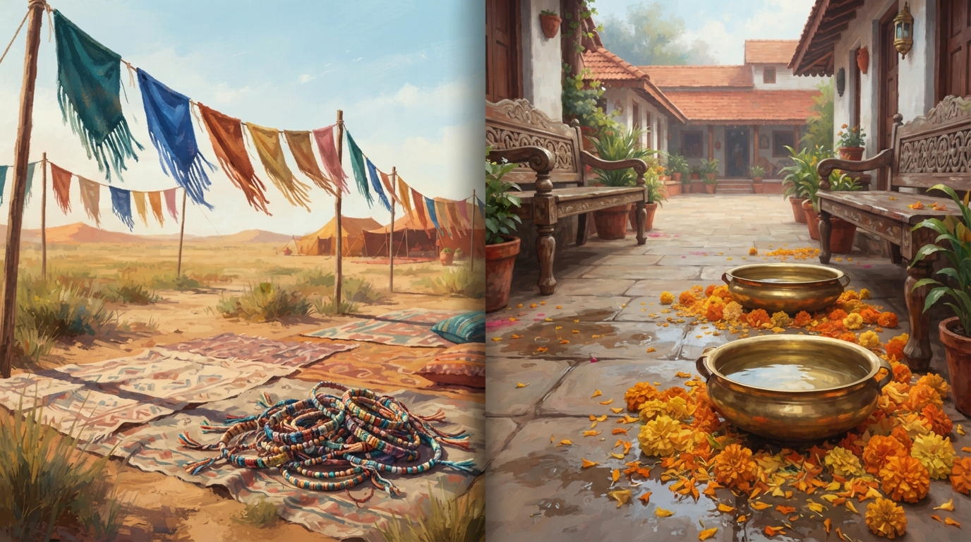 Editorial illustration of Two festival worlds meet in one frame: on the left, sun-bleached fringed pennant flags flutter above sand-dusted picnic 