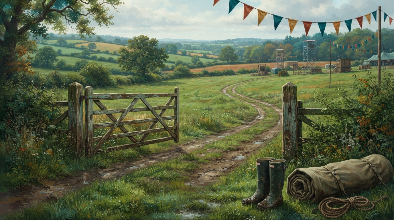 Editorial illustration of A weathered wooden farm gate stands open onto a rolling green English countryside field, muddy tire-tracks leading towar