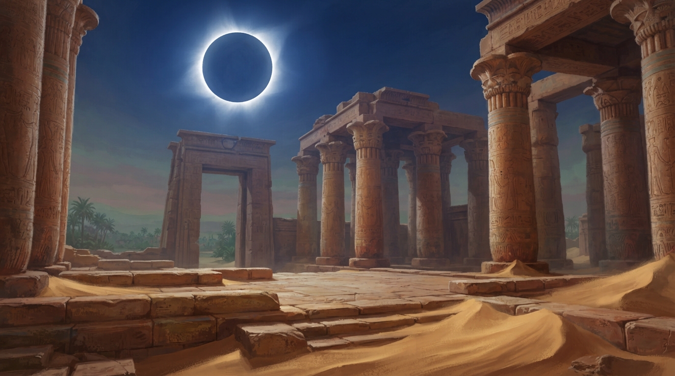 Editorial illustration of A total solar eclipse's dark corona blazes silver-white in a deep indigo sky above towering stone columns of an ancient 