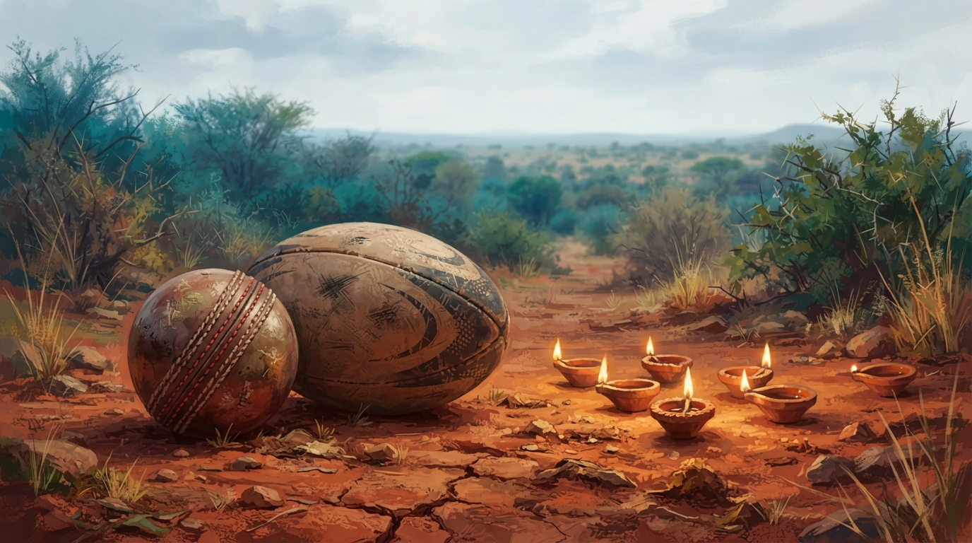 Editorial illustration of A weathered leather cricket ball and a scuffed rugby ball rest together on sun-baked red savanna earth, a scattering of 