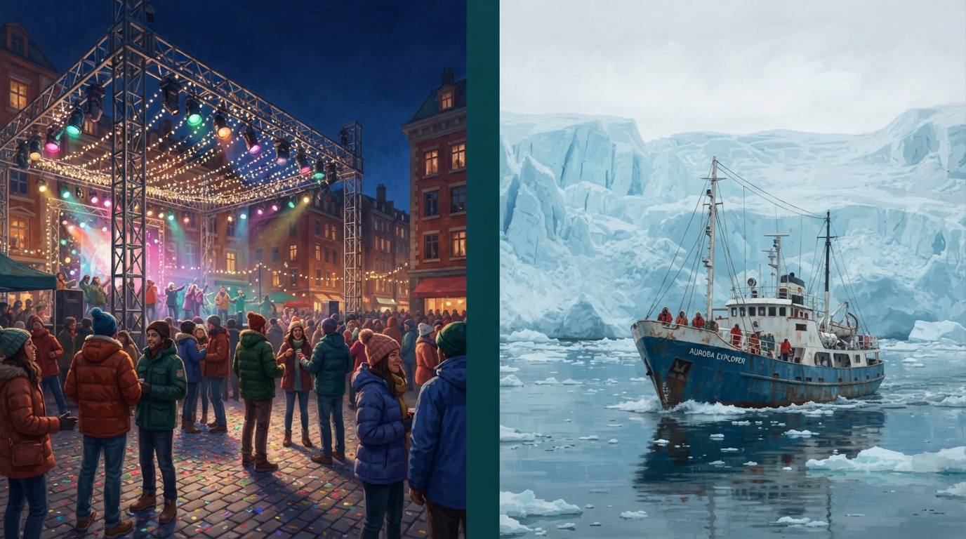Editorial illustration of Two hemispheres of December collide in one frame: on one side, a cluster of concert stage light fixtures and glittering 