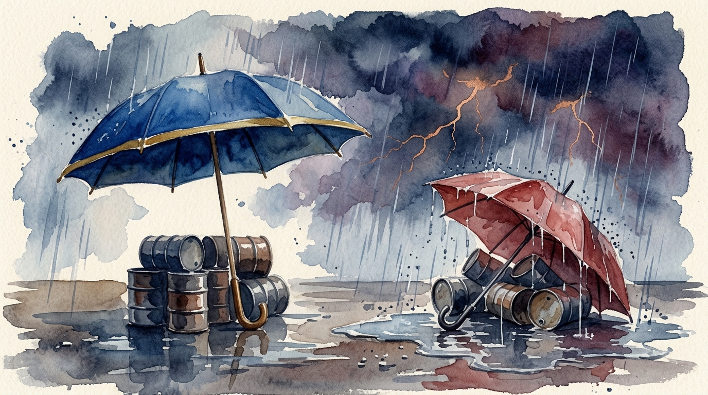 Aquarell-Illustration von zwei gegensätzlichen Regenschirmen auf einem stürmischen Rollfeld: ein großer, stabiler Schirm in europäischem Airline-Blau mit Goldrand