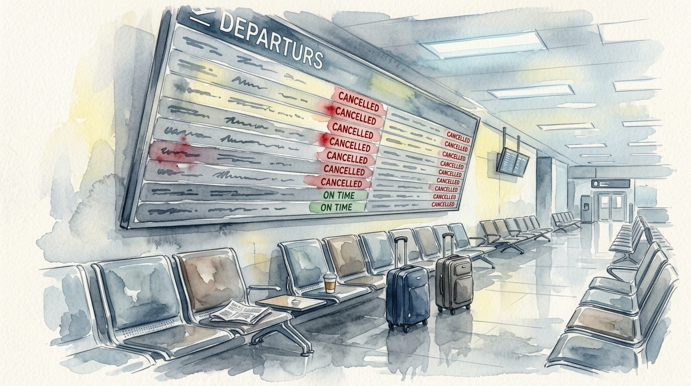 Aquarell-Illustration einer riesigen Abflugtafel am Flughafen, schräg aufgenommen – fast jede Zeile zeigt einen roten CANCELLED-Hinweis, nur eine einzige grüne ON-TIME-Zeile leuchtet heraus